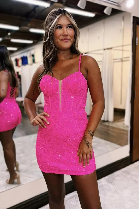 A - line party dresses with a floral print for spring eventsSparkly Fuchsia Tight Spaghetti Straps Short Prom Dress A - line party dresses with a floral print for spring eventsSparkly Fuchsia Tight Spaghetti Straps Short Prom Dress