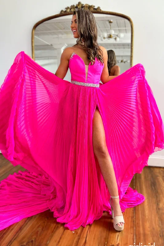 A - line formal dresses with beaded lace appliques for formal eventsSparkly Hot Pink Chiffon Pleated Long Prom Dress with Slit