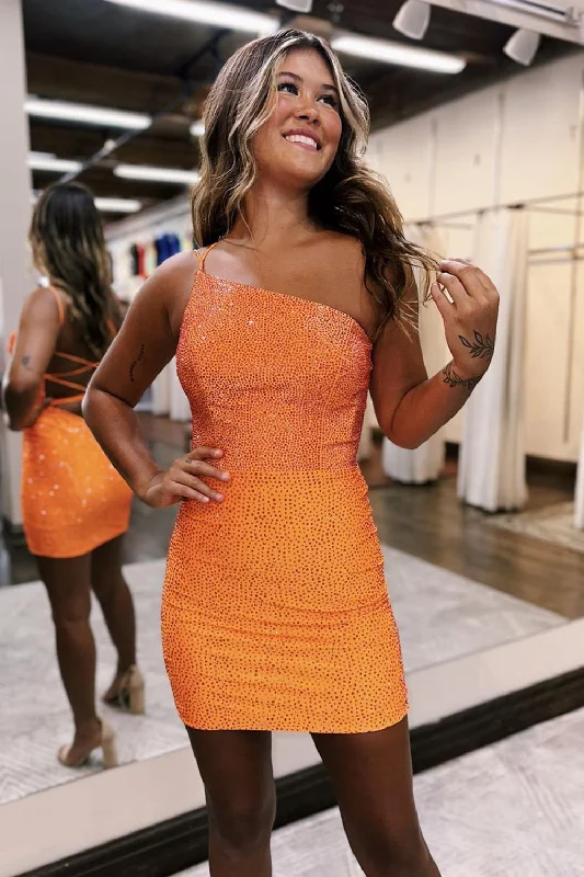 Cocktail party dresses in a classic little black dress styleSparkly Orange Beaded Bodycon One Shoulder Short Party Dress Cocktail party dresses in a classic little black dress styleSparkly Orange Beaded Bodycon One Shoulder Short Party Dress