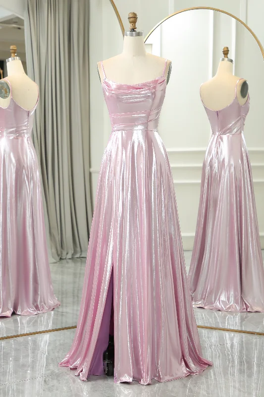 Formal dresses with asymmetric ruffled hems and high - low designs for a fashion - forward and dynamic appearanceSparkly Pink A Line Spaghetti Straps Long Prom Dress With Slit Formal dresses with asymmetric ruffled hems and high - low designs for a fashion - forward and dynamic appearanceSparkly Pink A Line Spaghetti Straps Long Prom Dress With Slit