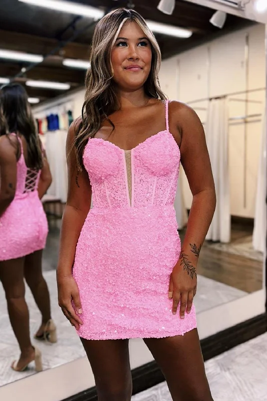 Cocktail party dresses in a classic little black dress styleSparkly Pink Tight Spaghetti Straps Short Prom Dress Cocktail party dresses in a classic little black dress styleSparkly Pink Tight Spaghetti Straps Short Prom Dress