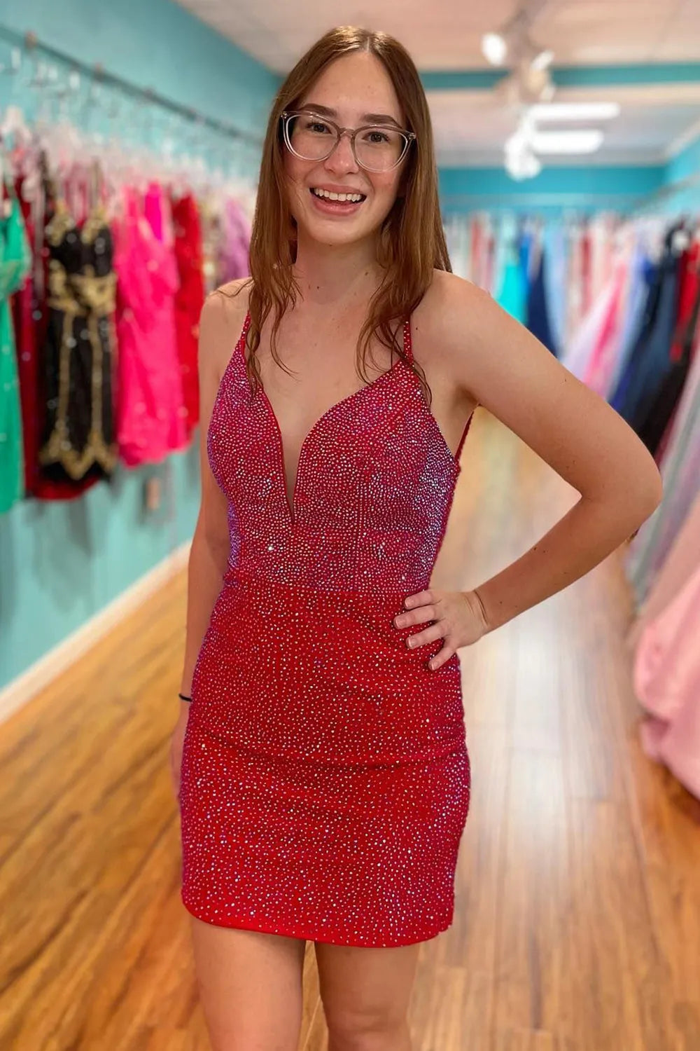 Party dresses with a ruched fabric for a textured and flattering effect​Sparkly Red Beaded Bodycon Short Party Dress