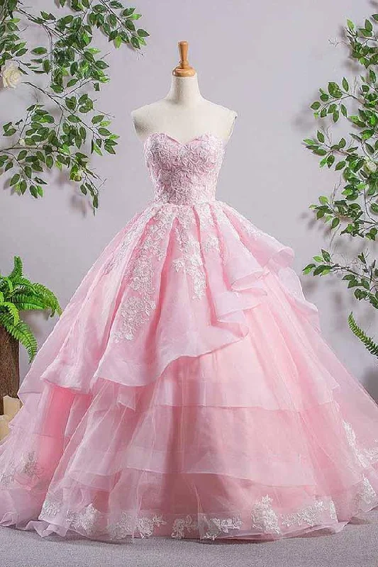 Sheath party dresses in a bold color for a statement - making outfit​Sweetheart Pink A-line Lace Evening Dresses Prom Dresses  PG575