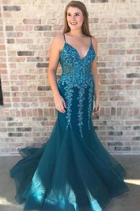 Party dresses with a pom - pom trim for a fun and festive touchTurquoise See Through V Neck Mermaid Long Evening Prom Dresses PG582 Party dresses with a pom - pom trim for a fun and festive touchTurquoise See Through V Neck Mermaid Long Evening Prom Dresses PG582