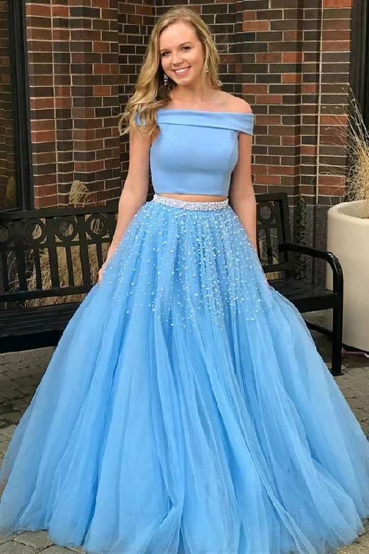 Backless party dresses for a sexy and alluring appearanceTwo Piece Open Back Blue Tulle Prom Dress with Beading PG587 Backless party dresses for a sexy and alluring appearanceTwo Piece Open Back Blue Tulle Prom Dress with Beading PG587