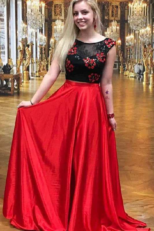 Party dresses with a cut - out design for a daring and edgy styleTwo Piece Round Neck Red Satin Prom Dress with Lace Appliques PG590 Party dresses with a cut - out design for a daring and edgy styleTwo Piece Round Neck Red Satin Prom Dress with Lace Appliques PG590