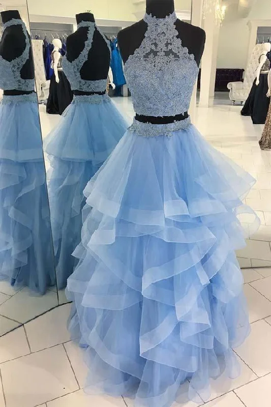 Party dresses with a V - neck design to enhance the neckline​Two Pieces Open Back Lace Organza Ruffle Long Evening Prom Dresses PG579