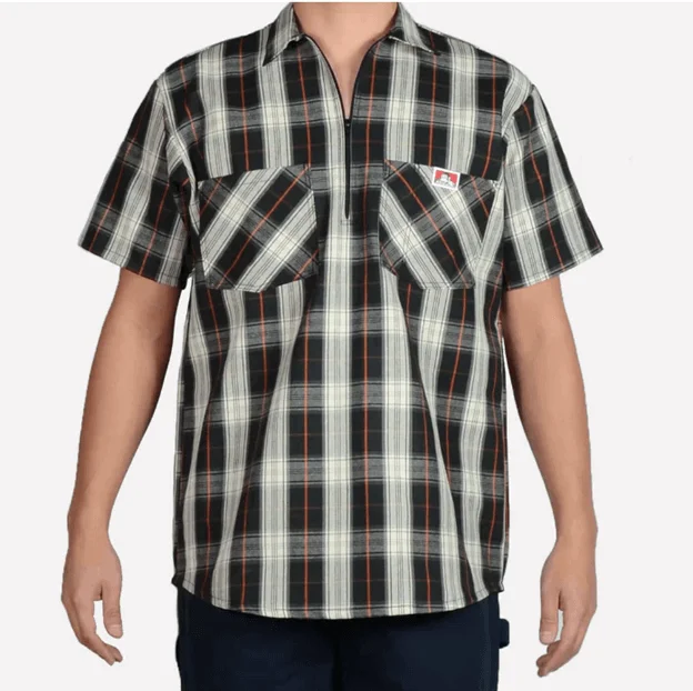 Distressed Women T Shirt with a Laid - Back Aesthetic1/2 Zipper Short Sleeve Plaid - Black & Cream Distressed Women T Shirt with a Laid - Back Aesthetic1/2 Zipper Short Sleeve Plaid - Black & Cream