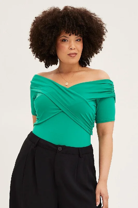 Compression Bodysuits for Post - Workout RecoveryGreen Off Shoulder Jersey Wrap Bodysuit Compression Bodysuits for Post - Workout RecoveryGreen Off Shoulder Jersey Wrap Bodysuit