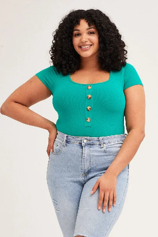 Button - Front Bodysuits with a Classic and Timeless AppealGreen Rib Jersey Bodysuit Button Front Short Sleeve Button - Front Bodysuits with a Classic and Timeless AppealGreen Rib Jersey Bodysuit Button Front Short Sleeve