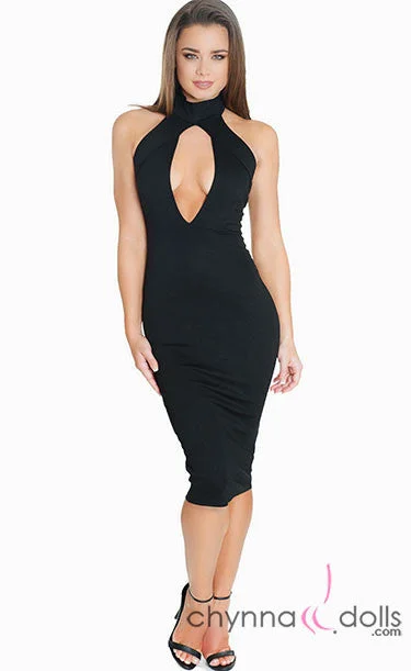 Split - hem cover ups for a more dynamic and stylish appearanceMya: Plunge Keyhole High Neck Midi Length Bodycon Dress