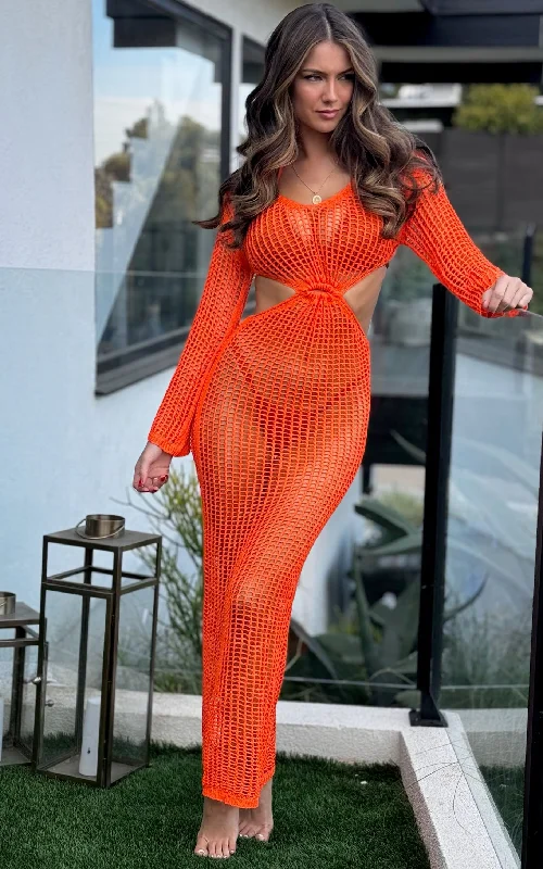 Drawstring - closure cover ups for adjustable sizingNADIA: Crochet Maxi Dress Cover-up in Orange Drawstring - closure cover ups for adjustable sizingNADIA: Crochet Maxi Dress Cover-up in Orange