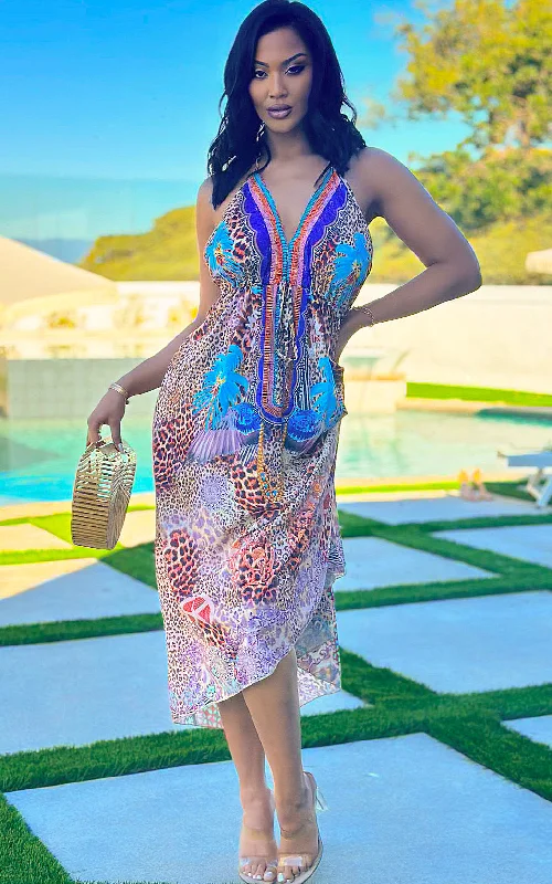 Mini - length cover ups for a more daring and youthful beach styleNicole: V-Neck Maxi Dress in Blue Multiprint Mini - length cover ups for a more daring and youthful beach styleNicole: V-Neck Maxi Dress in Blue Multiprint