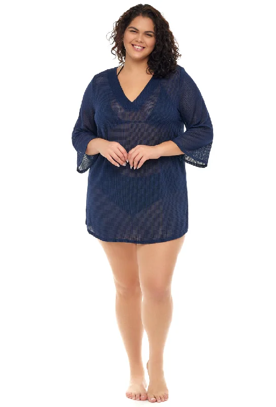 Sustainable organic cotton cover ups for eco - conscious beach loversV-NECK PLACKET BELL SLEEVE TUNIC - GOFRET - PLUS SIZE Sustainable organic cotton cover ups for eco - conscious beach loversV-NECK PLACKET BELL SLEEVE TUNIC - GOFRET - PLUS SIZE