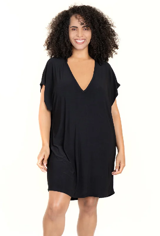 Romper - style cover ups for a trendy and functional beach optionV-NECK TUNIC WITH BACK SLASHES - CUT OUT - PLUS SIZE Romper - style cover ups for a trendy and functional beach optionV-NECK TUNIC WITH BACK SLASHES - CUT OUT - PLUS SIZE
