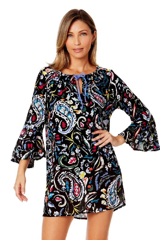 Women's Dance Floor Paisley Bell Sleeve Tunic Swimsuit Cover Up